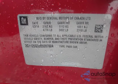 2014 Chevrolet Impala 2Lt z USA, uszkodzony, nr VIN 2G1125S32E9287804